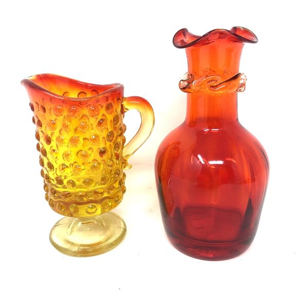Unique Vintage Other - Art Glass Amberina Hobnail Glass Footed Pitcher & Handblown Vase MCM Mini Set 2